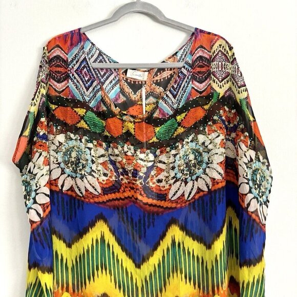 NEW Camilla Embellished Kaftan Colorful Sleeveless Side Slit One Size 100% Silk - Picture 2 of 12